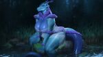 anthro areola big_breasts big_tail blue_body breasts claws clothing dragon female fluffy hair heidi_(the7thprimarch) hi_res horn long_hair long_tail looking_at_viewer mythological_creature mythological_scalie mythology night pink_eyes purple_hair reptile scalie sitting smile smiling_at_viewer solo sonazith tail thick_thighs translucent translucent_clothing water wet wet_body wet_clothing