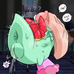 absurd_res anus bodily_fluids boo_(mario) bow_ribbon cum disembodied_penis english_text female folding_fan genital_fluids genitals ghost green_body half-closed_eyes heart_symbol hi_res lady_bow male mario_bros narrowed_eyes nintendo not_furry open_mouth paper_mario penis pussy question_mark solo speech_bubble spirit surjang text vaginal_fluids