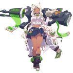  1girl boots breasts cleavage closed_mouth colored_tips dark_skin full_body green_eyes green_hair gun highres holding holding_gun holding_weapon kneehighs kochira_shuumatsu_teitai_iinkai large_breasts long_hair mehleeza_janebekova midriff multicolored_hair navel neck_ribbon official_art ogipote pleated_skirt pointy_ears ribbon second-party_source shirt_rolled_up simple_background skirt socks solo streaked_hair tachi-e very_long_hair walking weapon weapon_behind_back white_background white_hair 