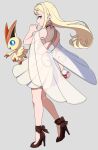  1girl adapted_costume ankle_bow backless_dress backless_outfit bare_shoulders blonde_hair blue_eyes bow brown_bow brown_shoes closed_mouth crossover dress earrings enelous from_side full_body gigi_andalusia grey_background gundam gundam_hathaway&#039;s_flash hand_up high_collar high_heels holding holding_poke_ball jewelry lipstick long_hair looking_at_viewer looking_back looking_to_the_side love_ball makeup pink_eyes pink_lips poke_ball pokemon pokemon_(creature) shoes sidelocks simple_background sleeveless sleeveless_dress smile solo standing two-tone_eyes victini white_dress 