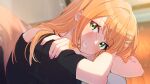  1girl absurdres black_shirt blurry blurry_background blush commentary_request crossed_arms fingernails gakuen_idolmaster green_eyes grin head_rest highres idolmaster indoors long_hair looking_at_viewer mirror mole mole_under_eye nail_polish orange_hair reflection reikakrzk shirt shiun_sumika smile solo 