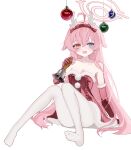  1girl absurdres ahoge alternate_costume antlers arm_at_side bare_shoulders bell blue_archive blue_eyes blush bow breasts center_frills christmas christmas_ornaments cleavage collarbone colored_eyelashes commentary convenient_leg dress earrings elbow_gloves eyebrows_hidden_by_hair fake_antlers fang feet frilled_dress frills full_body fur-trimmed_dress fur-trimmed_gloves fur_trim glint gloves hair_between_eyes hair_bow heterochromia highres holding holding_bell horns hoshino_(blue_archive) jewelry knees_together_feet_apart korean_commentary long_hair looking_at_viewer no_shoes nyangpan open_mouth pantyhose pink_hair pom_pom_(clothes) red_bow red_dress red_gloves reindeer_antlers santa_costume santa_dress short_dress simple_background sitting skin_fang small_breasts smile soles solo star_(symbol) star_earrings strapless strapless_dress thighs toes transparent_background very_long_hair white_pantyhose yellow_eyes 