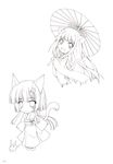  animal_ears chibi keg line_art nanao_naru tail umbrella yukata 