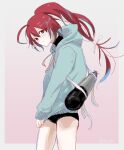  1girl black_one-piece_swimsuit blue_hair blue_hoodie blush hair_ribbon highres hood hood_down hoodie i-168_(kancolle) kantai_collection long_hair looking_at_viewer multicolored_hair one-piece_swimsuit ponytail red_eyes red_hair ribbon simple_background solo swimsuit swimsuit_under_clothes torpedo twitter_username white_ribbon zippo_teifujou 