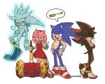  1girl 3boys amy_rose artist_name blue_eyes boots chili_dog closed_eyes crossed_arms dirty dirty_clothes dirty_face exhausted furry gloves green_eyes half-closed_eyes hammer hedgehog_boy hedgehog_girl highres kuchintta multiple_boys shadow_the_hedgehog silver_the_hedgehog smile sonic_(series) sonic_the_hedgehog spoken_food telekinesis v 