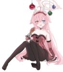  1girl absurdres ahoge alternate_costume antlers arm_at_side bare_shoulders bell black_pantyhose blue_archive blue_eyes blush bow breasts center_frills christmas christmas_ornaments cleavage collarbone colored_eyelashes commentary convenient_leg dress earrings elbow_gloves eyebrows_hidden_by_hair fake_antlers fang feet frilled_dress frills full_body fur-trimmed_dress fur-trimmed_gloves fur_trim glint gloves hair_between_eyes hair_bow heterochromia highres holding holding_bell horns hoshino_(blue_archive) jewelry knees_together_feet_apart korean_commentary long_hair looking_at_viewer no_shoes nyangpan open_mouth pantyhose pink_hair pom_pom_(clothes) red_bow red_dress red_gloves reindeer_antlers santa_costume santa_dress short_dress simple_background sitting skin_fang small_breasts smile soles solo star_(symbol) star_earrings strapless strapless_dress thighs toes transparent_background very_long_hair yellow_eyes 