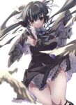  1girl absurdres bird black_capelet black_dress black_hair blue_ribbon blurry blush breasts brown_eyes capelet collared_shirt commentary_request depth_of_field dress dutch_angle eyebrows_hidden_by_hair feet_out_of_frame floating_clothes floating_hair frilled_dress frills gabanborjarnon glowing glowing_eyes hair_between_eyes hair_intakes hair_ribbon hand_up highres holding holding_brush honma_misuzu impossible_clothes large_breasts long_hair looking_at_viewer parted_lips ribbon sakura_no_toki shirt short_dress simple_background solo thigh_gap thighs twintails white_background white_bird white_ribbon white_shirt wind 