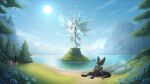 ambiguous_gender bandai_namco black_body claws cloud digimon digimon_(species) eyes_closed fakemon finger_claws fir_tree flower fur group hi_res horn island koromon lake light mountain ophanimon orange_body pink_body plant scales sculpture shoreline sitting sky sleeping statue sun sunlight toe_claws tree tsunomon white_body white_fur zegzagun