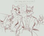  2boys animal_ears bow bowtie claws cup dog_nose drinking_glass english_commentary english_text furry furry_male grin highres holding holding_cup katiewilliams looking_at_another male_focus mr._wolf multiple_boys necktie open_mouth raccoon_boy raccoon_ears raccoon_tail sketch sly_cooper sly_cooper_(series) smile speech_bubble suit tail the_bad_guys_(film) wine_glass wolf_boy wolf_ears wolf_tail 