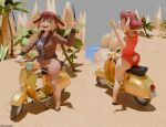 3d_(artwork) 5_fingers anthro beach blender_(artwork) bomber_jacket bottomwear bovid breasts brown_body brown_fur butt caprine clothing diana_caproni_(on_your_tail) digital_media_(artwork) female fingers fur gesture goat hair heartlessangel3d hi_res hooves looking_at_viewer mammal on_your_tail one-piece_swimsuit pants red_hair sand scooter sitting smile solo swimwear vespa waving waving_at_viewer