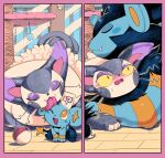 2025 3_toes :3 absurd_res ambiguous/ambiguous ambiguous_feral ambiguous_gender before_and_after black_body black_claws black_fur black_nose blue_body blue_ears blue_fur blush blush_lines bodily_fluids border cat_tree claws colored cute_fangs detailed_background digital_media_(artwork) dipstick_ears duo ear_markings evolution_(transformation) fangs feet felid feline feral feral_on_feral fluffy flustered fur generation_4_pokemon grey_body grey_ears grey_fur grey_tail heart_reaction heart_symbol hi_res hug inside larger_ambiguous larger_feral licking licking_another light light_beam looking_at_another luxray lying mammal mane monotone_tail multicolored_body multicolored_ears multicolored_fur nintendo on_front one_eye_closed open_mouth open_smile orange_body orange_eyes orange_fur orange_inner_ear pantherine paws personal_grooming pink_border pink_inner_ear pink_nose pink_tongue pokeball pokemon pokemon_(species) powerandy pupils purple_body purple_ear_tips purple_ears purple_eyes purple_fur purugly quadruped role_reversal sequence shaded shinx sitting size_difference sleeping smaller_ambiguous smaller_feral smile snaggle_tooth social_grooming speech_bubble standard_pokeball sunbeam sunlight sweat sweatdrop tail teeth time_lapse toe_claws toes tongue tongue_out transformation whiskers white_body white_claws white_fur white_pupils yellow_sclera
