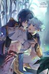  2boys :o ahoge bamboo bamboo_forest bandaged_arm bandages black_gloves black_shirt black_shoes bleeding blood blood_on_clothes blue_eyes blue_hair blue_jacket blue_shorts bracelet carrying chongyun_(genshin_impact) closed_eyes colored_eyelashes commentary crying cuts earrings elbow_gloves english_commentary fingerless_gloves forest frilled_sleeves frills genshin_impact gloves grass hair_between_eyes hand_up highres hood hood_down hoodie injury jacket jewelry lens_flare long_sleeves looking_at_another looking_back male_focus mikanchii multiple_boys nature open_mouth outdoors pants piggyback shirt shoes short_hair short_shorts short_sleeves shorts single_earring squatting tassel tassel_earrings tears teeth tree upper_teeth_only white_hoodie white_pants wide_sleeves xingqiu_(genshin_impact) 