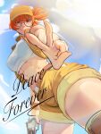  1girl abs absurdres baseball_cap belt breasts brown_eyes brown_hair brown_shorts brown_vest crop_top field_cap fio_germi glasses gun hat highres knee_pads large_breasts looking_at_viewer metal_slug midriff muscular muscular_female navel open_clothes open_mouth open_vest ponytail ramitto round_eyewear short_shorts shorts smile solo thick_thighs thighs utility_vest v vest weapon zettai_ryouiki 