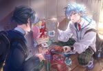  2boys :o ahoge artist_name backpack bag bench black_bag blue_cardigan blue_eyes blue_hair blue_shoes blush box cardigan chocolate chongyun_(genshin_impact) chongyun_(gigo)_(genshin_impact) collared_shirt commentary drawstring english_commentary facing_away from_behind genshin_impact gift gift_bag gift_box green_pants hair_between_eyes hair_intakes hallway heart-shaped_box heart_sticker highres holding holding_gift hood hood_down hoodie indoors lens_flare light_particles locker long_sleeves looking_at_another male_focus mikanchii multicolored_shoes multiple_boys necktie official_alternate_costume on_bench pants pants_rolled_up photo_(object) plaid_clothes plaid_pants ponytail red_necktie shirt shoes short_hair short_ponytail sparkle sticker tassel tile_floor tiles twitter_username two-tone_shoes uwabaki white_hoodie white_shirt white_shoes xingqiu_(genshin_impact) xingqiu_(gigo)_(genshin_impact) zipper_pull_tab 