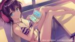  1girl bare_arms bare_legs bare_shoulders barefoot between_breasts bikini black_hair blue_eyes breasts chair classroom closed_mouth collarbone commentary_request copyright_notice desk end_card feet_on_table gamers! handheld_game_console headphones highres holding holding_handheld_game_console hoshinomori_chiaki indoors legs looking_at_viewer looking_up medium_breasts navel new_nintendo_3ds ninomotonino nintendo_3ds on_chair playing_games school_chair school_desk second-party_source short_hair sitting smile solo striped_bikini striped_clothes swimsuit thighs 