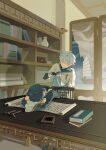  2boys absurdres ahoge bandaged_arm bandages black_gloves blanket blue_eyes blue_hair blue_jacket book bookshelf calligraphy_brush chair chongyun_(genshin_impact) closed_mouth commentary elbow_gloves english_commentary fingerless_gloves folding_screen frilled_sleeves frills genshin_impact gloves hair_between_eyes highres holding holding_blanket hood hood_down hoodie horns indoors jacket long_sleeves male_focus multiple_boys on_chair paintbrush saru_youichi scroll shadow short_hair short_sleeves single_horn sleeping smile table vase white_hoodie wide_sleeves wooden_chair wooden_table xingqiu_(genshin_impact) 