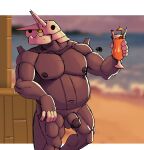 aggron alcohol anthro arm_support beach belly beverage biceps blush blush_lines bodily_fluids cherry circumcised clothed clothing cocktail container cup curtis_sara_taylor embarrassed erect_nipples exhibitionism flaccid food fruit generation_3_pokemon genitals glass glass_container glass_cup grey_body grey_scales hi_res hunter-husky leaning leaning_on_elbow male musclegut muscular muscular_male muscular_thighs navel nintendo nipples non-mammal_nipples nude nude_anthro pecs penis plant pokemon pokemon_(species) public public_nudity scales shoreline slightly_chubby solo sunset sweat sweatdrop topless topless_male tropical yellow_sclera