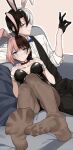  1boy 1girl absurdres animal_ears bare_shoulders black_gloves black_hair black_leotard black_vest blue_bow blue_bowtie blue_eyes bow bowtie brown_hair couch detached_collar dress_shirt ear_piercing earrings gloves half_gloves hands_on_breasts highres indie_virtual_youtuber iris_black_games jewelry kamito_(vtuber) knees_up leaning_on_person leotard multicolored_hair on_couch pantyhose piercing pink_hair playboy_bunny rabbit_ears red_bow red_bowtie shirt sitting sleeves_rolled_up split-color_hair sweatdrop tachibana_hinano tawashi_(tawashi324) toe_scrunch toe_seam vest virtual_youtuber vspo! white_hair white_shirt wrist_cuffs 