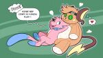 16:9 blue_body blue_collar blue_eyes blue_fur button_(fastener) button_eyes cheek_spots collar dialogue english_text fur generation_1_pokemon implied_transformation inanimate_transformation legendary_pokemon magical_transformation mew_(pokemon) nintendo pink_body pink_fur plushie pokemon pokemon_(species) psychic_powers raichu smile smiling_at_another speech_bubble text transformation trevor-fox widescreen yellow_body