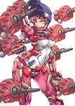  1girl amate_yuzuriha armor beanie black_hat blush breasts brown_hair closed_mouth commentary_request crossover fin_funnels green_hair gundam gundam_gquuuuuux hair_ribbon hat highres looking_at_viewer mecha_musume mecha_pilot_suit multicolored_hair red_eyes red_gundam red_ribbon ribbon short_hair smile two-tone_hair yazawa_mana 