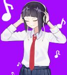  1girl absurdres audio_jack blunt_bangs blush boku_no_hero_academia closed_eyes collared_shirt colored_skin headphones highres jiro_kyoka listening_to_music long_earlobes long_sleeves musical_note neckerchief purple_background purple_hair red_neckerchief school_uniform shirt short_hair skirt smile solo white_shirt zczvzvzvz 
