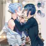  2boys :o ? ahoge aqua_hat artist_name beret black_shirt blue_eyes blue_hair blue_jacket blush chongyun_(2nd_anniversary)_(genshin_impact) chongyun_(genshin_impact) closed_mouth colored_eyelashes comb commentary cropped_jacket earrings english_commentary eye_contact genshin_impact hair_between_eyes hair_ornament hairpin hands_up hat holding holding_comb holding_hairpin hood hood_down hooded_jacket indoors jacket jewelry lapels long_sleeves looking_at_another male_focus mikanchii multiple_boys off_shoulder open_clothes open_jacket open_mouth parted_bangs profile ribbed_sweater shirt short_hair sidelocks single_earring sleeveless sleeveless_shirt sleeves_rolled_up speech_bubble spoken_blush spoken_question_mark sweater tassel tassel_earrings tilted_headwear turtleneck turtleneck_sweater twitter_username white_jacket white_sweater xingqiu_(genshin_impact) yaoi yellow_eyes 