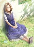 against_wall arata_yokoyama blush brown_hair dress highres original realistic sitting solo 