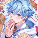  1boy :o ahoge artist_name blue_background blue_eyes blue_hair blush chongyun_(genshin_impact) chongyun_(gigo)_(genshin_impact) collared_shirt colored_eyelashes commentary eating english_commentary food food_request genshin_impact hair_between_eyes hair_intakes hair_ornament hairclip hand_up heart heart_hair_ornament highres holding holding_food hood hood_down hoodie looking_at_viewer lotus_root lotus_root_slice male_focus mikanchii necktie official_alternate_costume open_mouth red_necktie school_uniform seigaiha shirt short_hair solo teeth upper_body watermark white_hoodie white_shirt wing_collar 