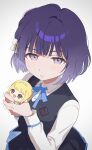  1girl black_overskirt black_vest blue_ribbon blue_skirt blush character_doll chibigurumi commentary fujita_kotone gakuen_idolmaster hair_flaps hataya_misuzu hatsuboshi_gakuen_school_uniform highres idolmaster long_sleeves looking_at_viewer monemasu neck_ribbon purple_hair ribbon school_uniform shirt short_hair simple_background skirt skirt_set solo squeezing symbol-only_commentary vest white_background white_shirt 