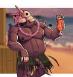 aggron alcohol arm_support beach belly beverage biceps blush blush_lines bodily_fluids bottomwear cherry circumcised clothed clothing cocktail container cup curtis_sara_taylor embarrassed erect_nipples exhibitionism flaccid flower_accessory flower_necklace food fruit generation_3_pokemon genitals glass glass_container glass_cup grass_skirt grey_body grey_scales hi_res hunter-husky leaning leaning_on_elbow lei male musclegut muscular muscular_male muscular_thighs navel nintendo nipples non-mammal_nipples nude nude_anthro pecs penis plant plantigrade pokemon pokemon_(species) public public_nudity scales shoreline skirt slightly_chubby solo sunset sweat sweatdrop topless topless_male tropical wardrobe_malfunction yellow_sclera