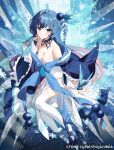  1girl bare_shoulders blue_eyes blue_hair breasts choker cleavage copyright_name covered_navel fairy_wings feather_hair_ornament feathers floating furisode_sleeves gradient_hair hair_ornament hand_on_own_cheek hand_on_own_face high_heels knees_up leaf_hair_ornament long_hair multicolored_hair off-shoulder_leotard off-shoulder_shirt off_shoulder official_art over-kneehighs pink_hair piruluk pumps shirt smile snowflakes solo thighhighs wings wixoss yon_(letter) 