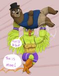 2019 2_toes 3_toes anthro arms_bent artist_logo avian barefoot beak bear bent_leg big_breasts bird black_claws black_eyebrows black_top_hat blue_clothing blue_eyes blue_shirt blue_t-shirt blue_topwear blush bodily_fluids bottomwear breasts brown_bear brown_body brown_bottomwear brown_clothing brown_fur brown_shorts button_(fastener) carrying_another chica_(fnaf) chica_chiken chicken claws cleavage clothed clothed_anthro clothed_male clothing colored dialogue digital_drawing_(artwork) digital_media_(artwork) duo english_description english_text eyebrows feather_hands feathers feet female female_anthro finger_claws five_nights_at_freddy&#039;s fredbear_college freddy_(fnaf) freddy_fazbear_(fbc) fully_clothed fully_clothed_anthro fully_clothed_male fur galliform gallus_(genus) hands_together hi_res light lighting logo looking_at_viewer male male/female male_anthro mammal multicolored_body multicolored_fur muscular muscular_anthro muscular_female nervous_sweat non-mammal_breasts open_mouth orange_beak orange_clothing orange_shirt orange_tank_top orange_topwear phasianid pink_background pink_tongue pockets purple_bottomwear purple_clothing purple_eyes purple_skirt purple_wristband scottgames shaded shirt shorts simple_background skirt skywater slightly_chubby slightly_chubby_anthro slightly_chubby_male speech_bubble sweat t-shirt tail tail_feathers talons tank_top teeth text thick_eyebrows thick_neck thick_thighs toe_claws toes tongue toothed_beak topwear two_tone_body two_tone_fur ursine whisker_spots white_claws yelling yellow_body yellow_feathers yellow_tail