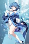  1girl bare_legs bare_shoulders blue_eyes blue_hair bob_cut bow breasts choker cleavage copyright_name covered_navel fairy_wings floating foot_up furisode_sleeves hair_ornament hand_to_own_mouth high_heels large_bow leaf_hair_ornament off-shoulder_leotard off-shoulder_shirt off_shoulder official_art piruluk pumps shirt snowflakes solo wings wixoss yon_(letter) 