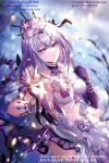  1girl aminww_amingming black_tiara blurry blurry_background breasts bug butterfly castorice_(honkai:_star_rail) chinese_commentary clothing_cutout commentary_request dress flower flower_ornament gloves hair_flower hair_ornament highres honkai:_star_rail honkai_(series) long_hair medium_breasts parted_lips pointy_ears purple_butterfly purple_eyes purple_gloves purple_hair reaching reaching_towards_viewer solo stomach_cutout tiara white_dress 