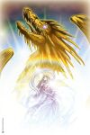  1girl artist_name bare_shoulders book_of_naga breasts bright_background chest_fur dragon dragon_wings dress fantasy fire_emblem fire_emblem:_genealogy_of_the_holy_war fire_emblem_awakening highres jewelry medium_breasts naga_(fire_emblem) nintendo pointy_ears primogenitor34 rainbow_gradient star_(sky) tongue tongue_out transformation wings 