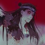  1boy adam&#039;s_apple black_hair blood blood_drip blood_from_eyes closed_mouth commentary cropped_shoulders hair_behind_ear hair_bun headband highres jeff_000000 liu_kang long_hair male_focus mortal_kombat_(series) mortal_kombat_1_(2023) no_pupils single_hair_bun solo three_quarter_view white_eyes 