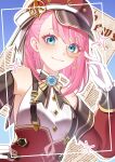  1girl absurdres aqua_eyes aqua_gemstone bare_shoulders blue_background blush bow bowtie breasts brown_bow brown_bowtie cabbie_hat charlotte_(genshin_impact) closed_mouth commentary detached_sleeves genshin_impact gloves hat highres looking_at_viewer medium_hair monocle pink_hair red_hat red_sleeves shirt smile watatai white_gloves white_shirt 