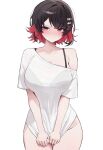  1girl black_bra black_hair blush bra bralines breasts closed_mouth collarbone colored_inner_hair cowboy_shot ellen_joe groin hair_ornament hairclip hashtag-only_commentary highres looking_at_viewer miyuchiq multicolored_hair no_pants red_eyes red_hair shirt shirt_tug short_hair simple_background single_bare_shoulder single_off_shoulder solo straight-on sweat underwear white_background white_bra white_shirt zenless_zone_zero 