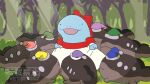  blue_hat bow commentary_request cosplay dress forest green_hat hat light_rays long_dress nature no_humans parody pic_koiwai pink_hat pokemon pokemon_(creature) purple_hat quagsire red_bow red_hat skirt_hold snow_white_(disney) snow_white_(disney)_(cosplay) snow_white_and_the_seven_dwarfs sunlight tree twitter_username yellow_hat 