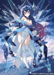  1girl bare_legs bare_shoulders blue_eyes blue_hair bow breasts choker cleavage copyright_name covered_navel fairy_wings feather_hair_ornament feathers furisode_sleeves glasses gradient_hair hair_ornament high_heels highres large_bow leaf_hair_ornament long_hair multicolored_hair off-shoulder_leotard off-shoulder_shirt off_shoulder official_art over-kneehighs parted_lips pelvic_curtain pink_hair piruluk puffy_sleeves pumps semi-rimless_eyewear shirt snowflakes solo standing standing_on_one_leg thighhighs wings wixoss yon_(letter) 