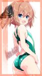  1girl ahoge ass back black_ribbon blush breasts brown_hair character_name competition_swimsuit cowboy_shot fang green_one-piece_swimsuit hachijou_(kancolle) hair_ribbon highleg highres inaba_shiki kantai_collection looking_at_viewer looking_back one-piece_swimsuit open_mouth pink_background racerback ribbon short_hair signature solo swimsuit thighs white_background 