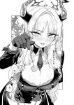  1girl blue_archive breasts demon_girl demon_horns detached_collar fangs greyscale hair_between_eyes highres holding holding_pendulum horns huge_breasts jacket long_hair looking_at_viewer monochrome necktie open_mouth pendulum ragunosuke_(shin_kio28) satsuki_(blue_archive) sidelocks skirt solo 