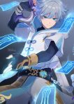  1boy arm_up artist_name bandaged_arm bandages belt black_belt black_gloves black_shirt blue_eyes blue_hair bracelet chongyun_(genshin_impact) closed_mouth colored_eyelashes commentary elbow_gloves english_commentary fingerless_gloves genshin_impact gloves hair_between_eyes hair_intakes highres holding holding_sword holding_weapon hood hood_down hoodie jewelry looking_at_viewer male_focus mikanchii pants sacrificial_greatsword_(genshin_impact) shirt short_hair short_sleeves solo sword talisman tassel vision_(genshin_impact) weapon white_hoodie white_pants 