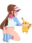  1girl ass blue_eyes blue_shirt body_fur brown_hair donut_hair_bun double_bun full_body hair_bun highres kneeling monster_l_(hochihochiha) no_pants panties pikachu pink_panties pokemon pokemon_(creature) pokemon_bw2 rosa_(pokemon) shirt simple_background two-tone_shirt underwear visor_cap white_background white_shirt yellow_fur 