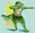 3_toes abs alligator alligatorid anthro barefoot biceps big_muscles bottomwear claws clothed clothing crocodilian feet floral_grass_skirt flower flower_necklace fudgezilla grass_skirt green_body green_scales hamstrings hula hula_dancer hula_dancing jewelry lagoon_(lagoon_naseca) lei looking_at_viewer male muscular muscular_anthro muscular_male necklace pecs plant plantigrade reptile scales scalie simple_background skirt smile solo tail teeth toe_claws toes topless topless_male triceps ventral_scales white_sclera yellow_eyes