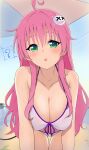  1girl ? absurdres ahoge all_fours bare_shoulders beach bikini breasts cleavage collarbone commentary_request demon_tail front-tie_bikini_top front-tie_top green_eyes highres lala_satalin_deviluke large_breasts light_blush long_hair looking_at_viewer micro_bikini parted_lips partial_commentary peke pink_hair solo string_bikini swimsuit tail to_love-ru to_love-ru_darkness wet white_bikini 