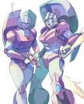  2girls arcee autobot blue_eyes breasts colored_skin dual_wielding gun handgun helmet highres holding humanoid_robot insignia medium_breasts metal_skin mmt0180 multiple_girls pink_lips robot robot_girl science_fiction simple_background sword the_transformers_(idw) thighs transformers weapon white_background 