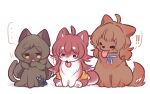  ! ... ? ahoge animal_focus animalization blue_ribbon brown_fur brown_hair cat commentary_request crossed_bangs dog facing_viewer full_body gakuen_idolmaster hair_flaps hanami_ume highres idolmaster idolmaster_million_live! idolmaster_shiny_colors iirin in-franchise_crossover kitazawa_shiho komiya_kaho licking_paw long_hair neck_ribbon no_humans red_fur red_hair ribbon romaji_commentary short_hair simple_background sitting spoken_ellipsis spoken_exclamation_mark stuffed_toy tongue tongue_out white_background 