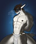 anthro blue_blush blush bottomwear bratty_battsy brown_hair clenched_teeth clothing fin fish gills gold_ring gold_rings green_eyes grey_body grey_nipples grey_scales hair hands_behind_back locke_halliday loincloth male marine muscular muscular_male narrowed_eyes nipples scales shark shark_tail solo solo_focus teeth white_body white_bottomwear white_clothing white_loincloth white_scales