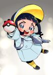  1girl :d black_gloves black_hair blush bright_pupils commentary_request dress full_body gloves gomomo00 happy holding holding_poke_ball looking_at_viewer open_mouth poke_ball poke_ball_(basic) pokemon pokemon_sv poppy_(pokemon) shoes short_hair smile socks solo teeth tongue upper_teeth_only visor_cap yellow_socks 